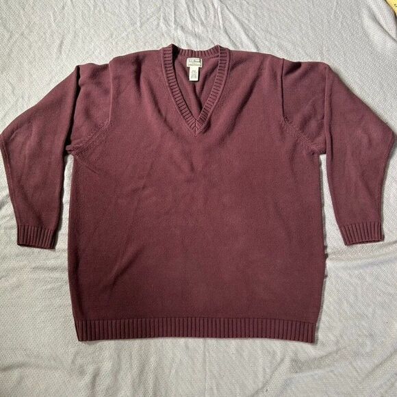 Men's L.L. Bean XXL Tall V-Neck‎ Sweater Burgundy Brown Purple Knit Cotton - Picture 1 of 13